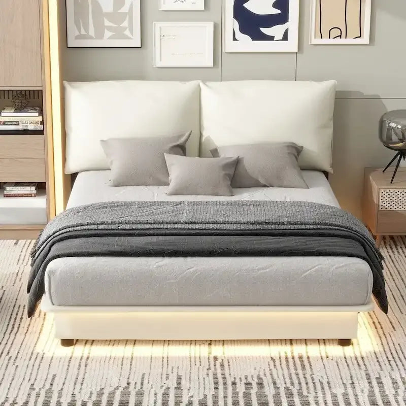 Upholstered Platform Bed with Sensor Light and Ergonomic Design Backrests